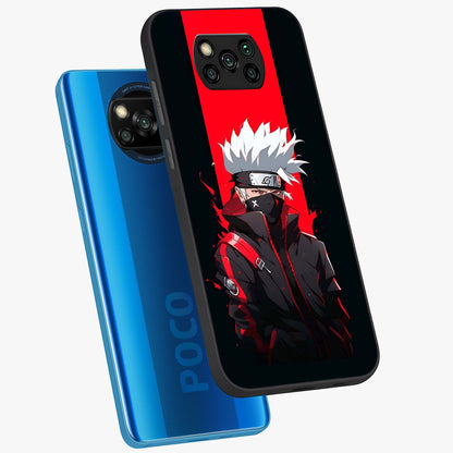 Kakashi Scarlet Shadow Glass Case displayed in angled mockup highlighting dramatic ninja illustration with scarlet themed aesthetic.