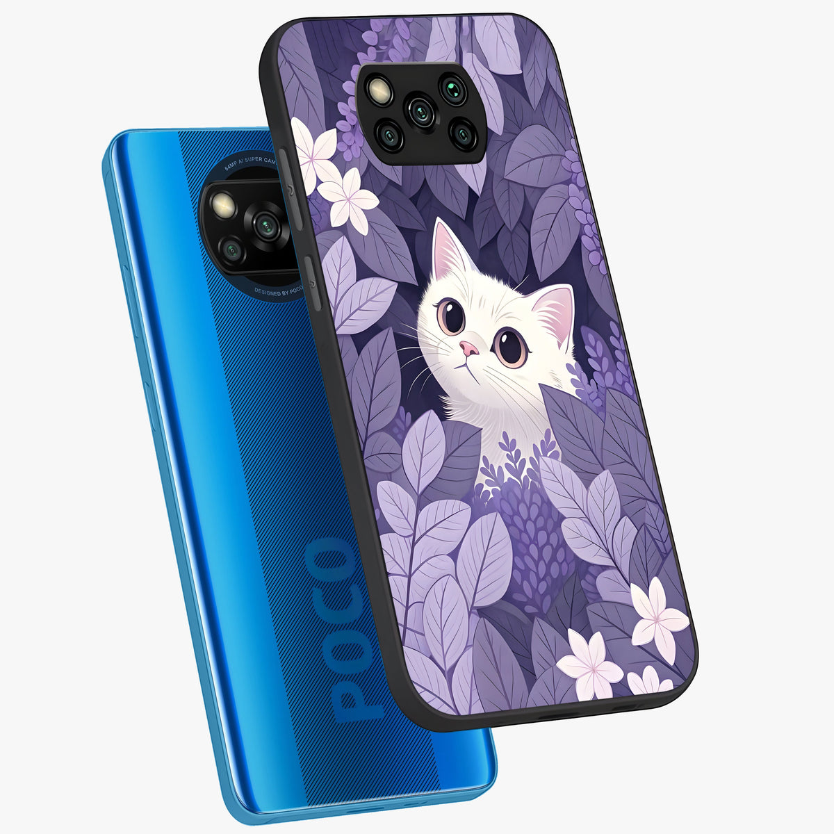 Lilac Hide Peek Cat Glass Case displayed in angled mockup highlighting playful feline illustration with lilac aesthetic design.