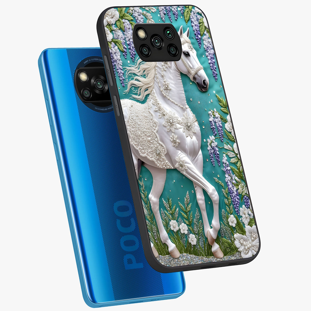 Majestic Floral Stallion Glass Case displayed in angled mockup highlighting majestic stallion illustration with elegant floral aesthetic.