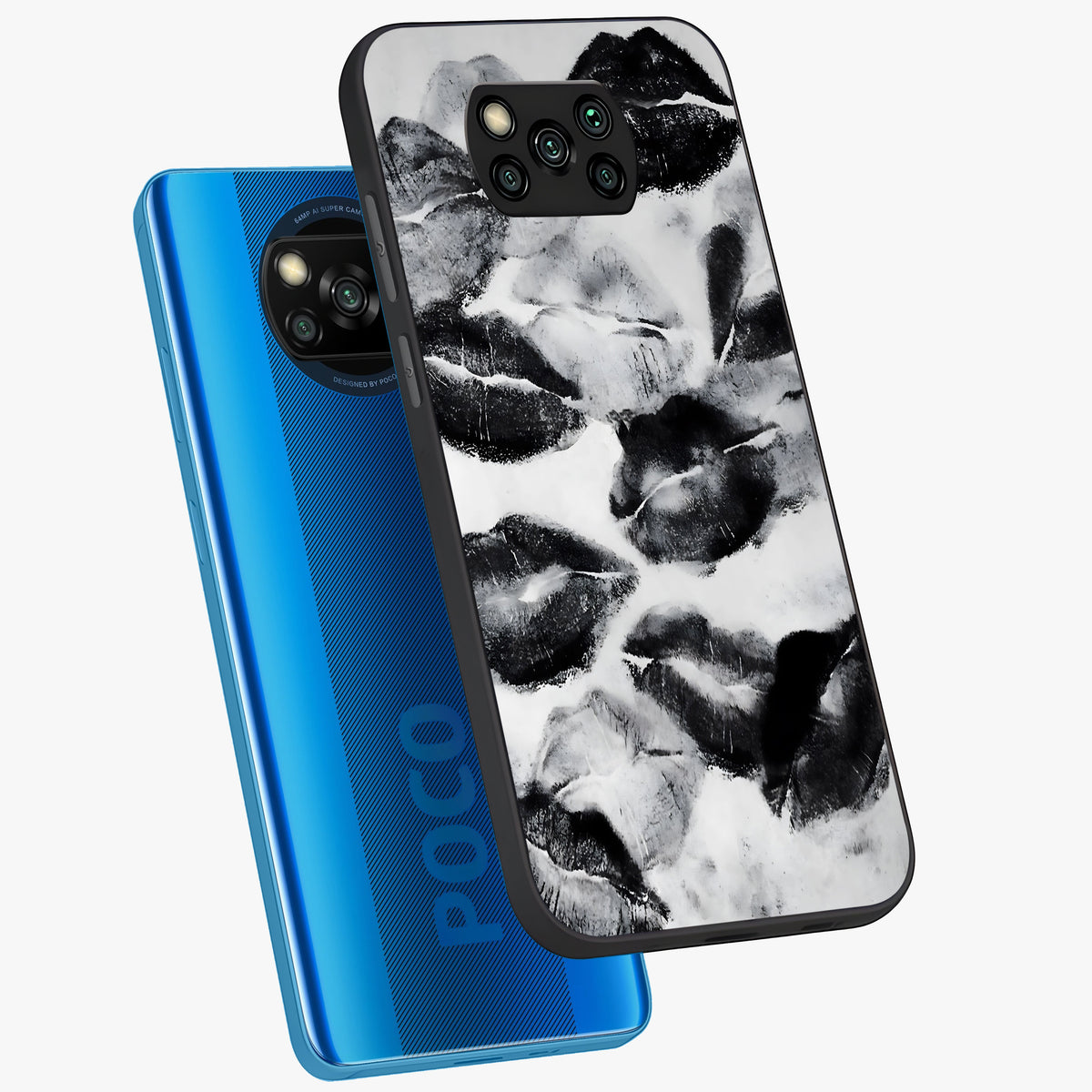 Midnight Kiss Marks Glass Case displayed in angled mockup highlighting playful romantic design with bold midnight aesthetic.