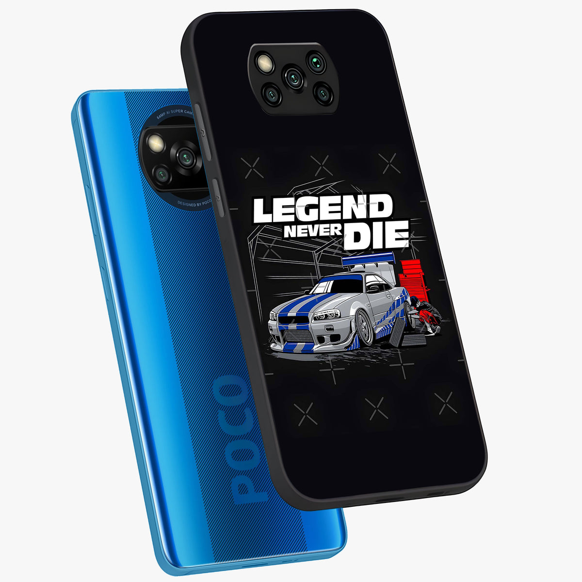 Midnight Racing Legacy Glass Case displayed in angled mockup highlighting dynamic automotive design with bold midnight aesthetic.