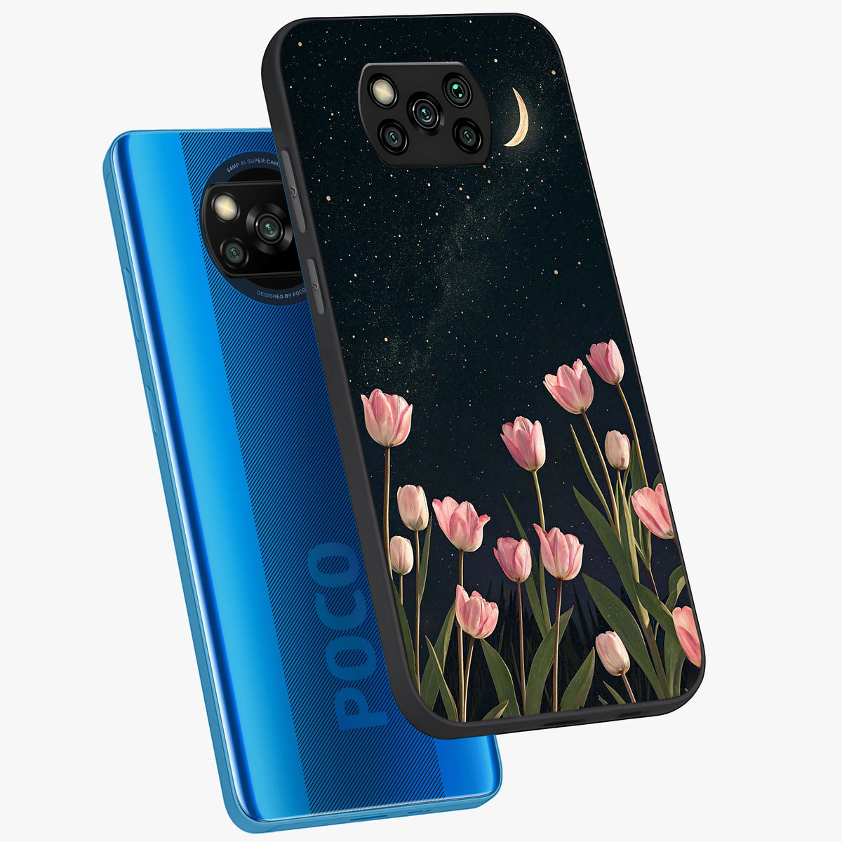 Midnight Tulip Whispers Vibe Glass Case displayed in angled mockup highlighting delicate tulip design with midnight floral aesthetic.
