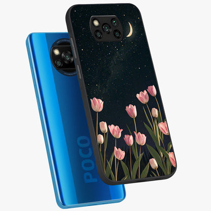 Midnight Tulip Whispers Vibe Glass Case displayed in angled mockup highlighting delicate tulip design with midnight floral aesthetic.