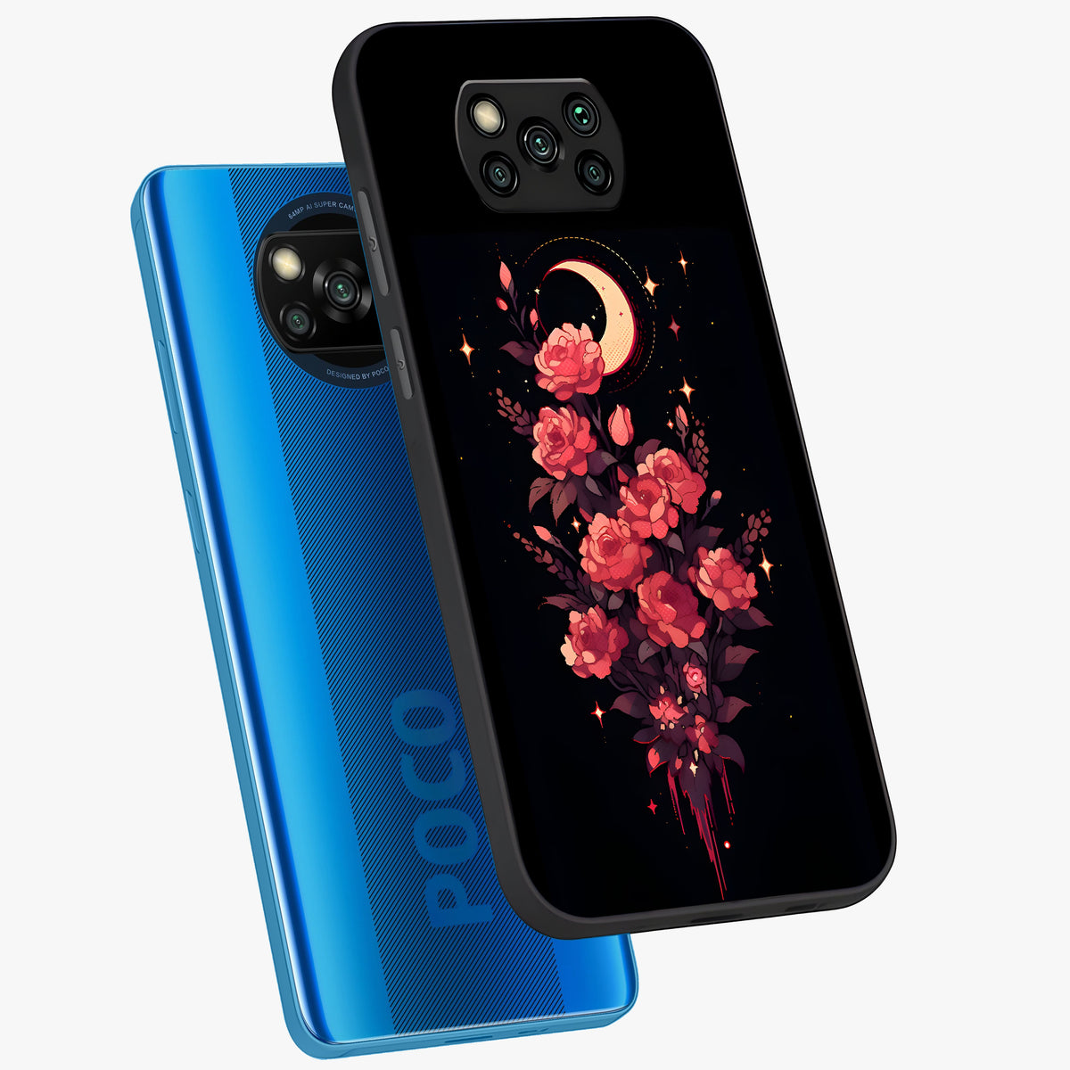 Moonlit Floral Elegance Glass Case displayed in angled mockup highlighting graceful flower design with soft moonlight aesthetic.
