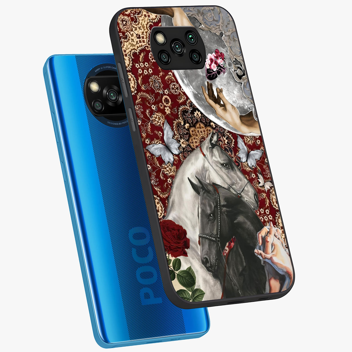Moonlit Royal Stallion Glass Case displayed in angled mockup highlighting powerful stallion illustration with royal night aesthetic.