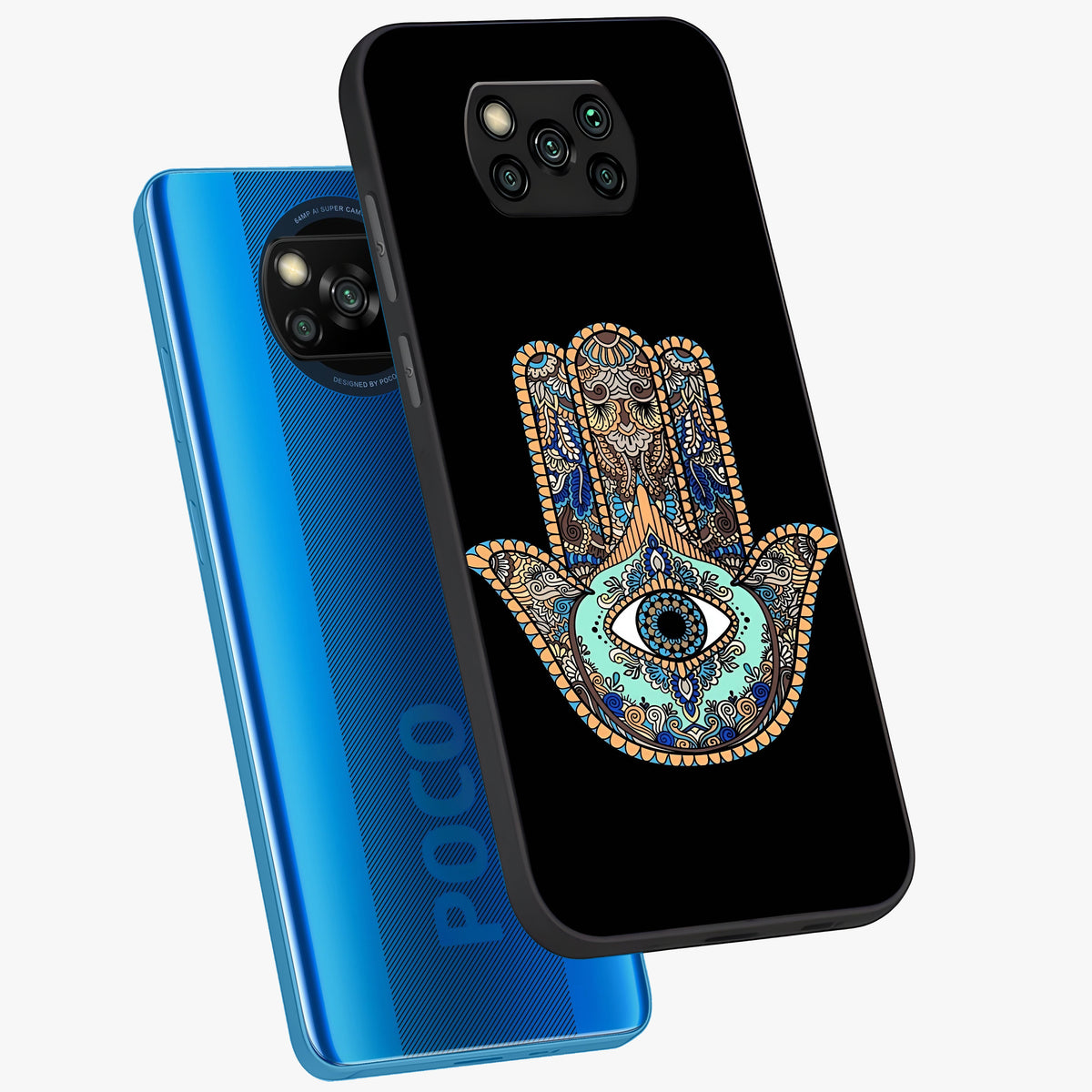 Mystic Hamsa Eye Glass Case displayed in angled mockup highlighting spiritual hamsa symbol with mystical aesthetic style.