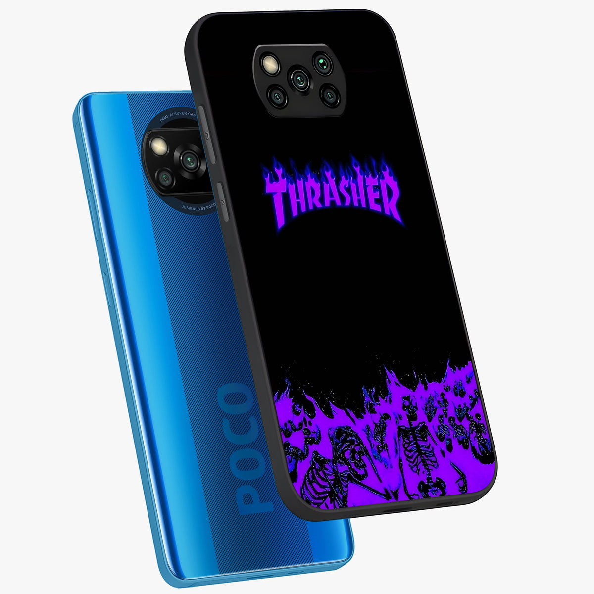 Neon Flame Riot Glass Case displayed in angled mockup highlighting glowing flame design with vibrant neon aesthetic.