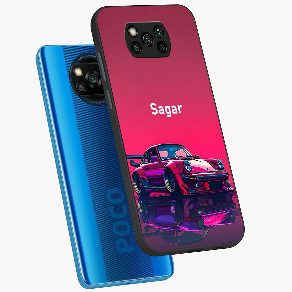 Neon Pink Porsche Glass Case displayed in angled mockup highlighting sleek neon pink car design with racing aesthetic.