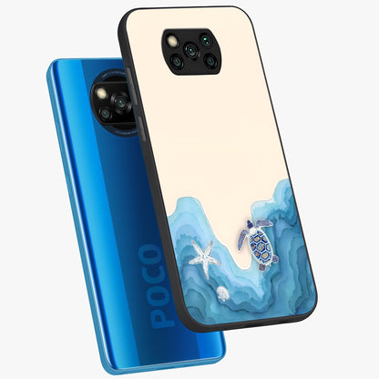 Ocean Drift Turtle Glass Case displayed in angled mockup highlighting peaceful ocean turtle illustration with marine aesthetic.