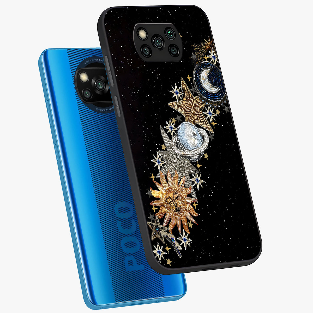 Pearls Universe Object Glass Case displayed in angled mockup highlighting celestial pearl design with dreamy aesthetic.
