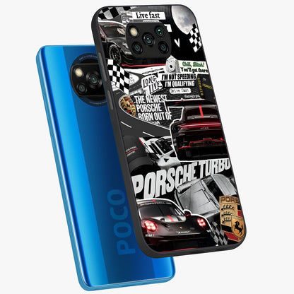 Porsche Racing Collage Glass Case displayed in angled mockup highlighting dynamic automotive design with bold racing aesthetic.
