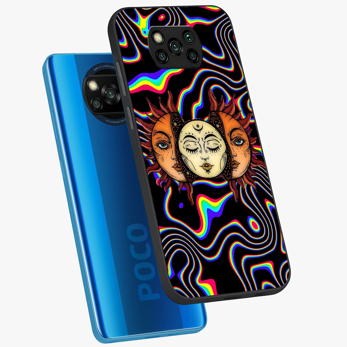 Psychedelic Sun Glass Case displayed in angled mockup highlighting vibrant abstract sun design with artistic aesthetic style.