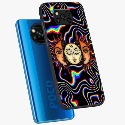 Psychedelic Sun Glass Case displayed in angled mockup highlighting vibrant abstract sun design with artistic aesthetic style.