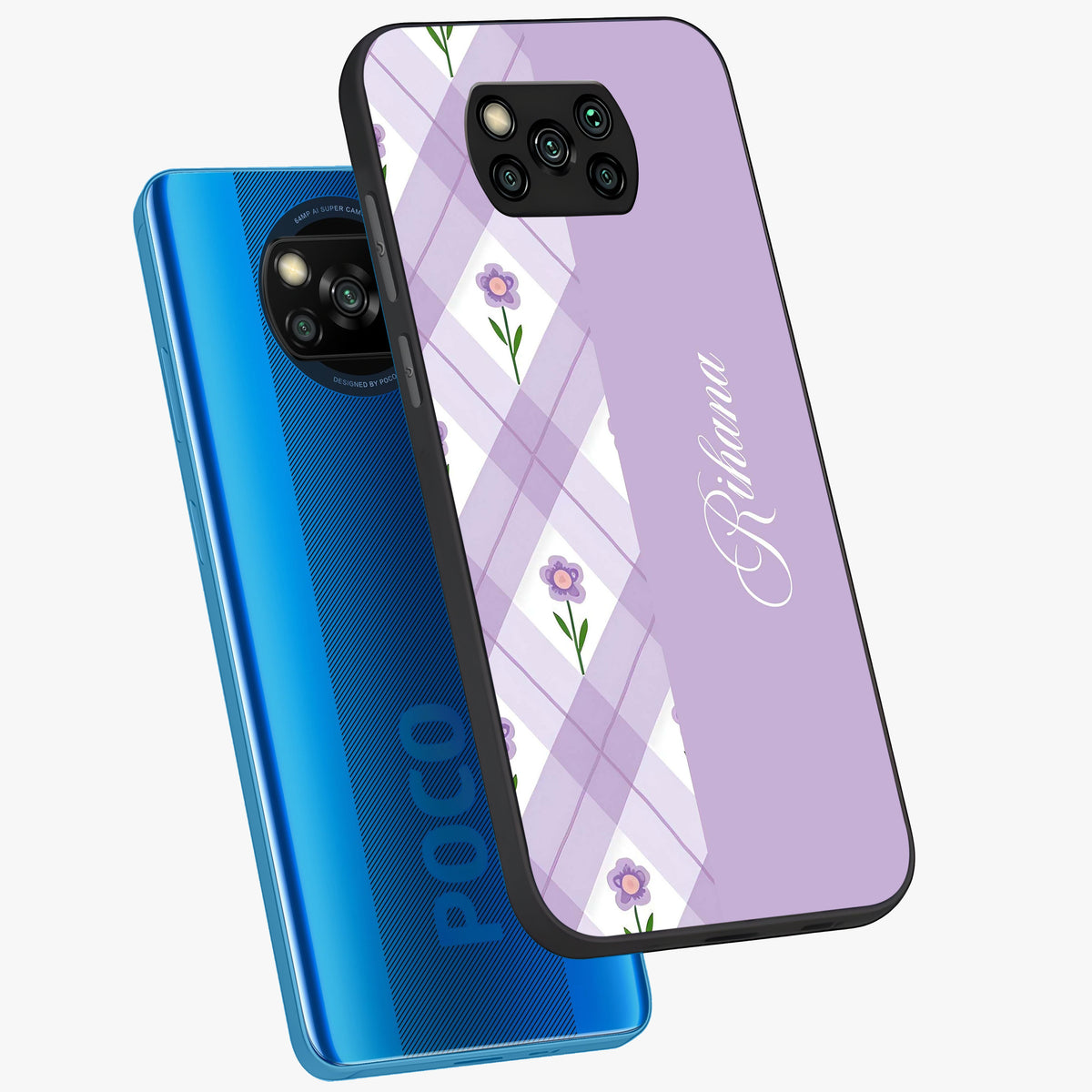 Purple Diamond Floral Glass Case displayed in angled mockup highlighting elegant purple flower design with decorative pattern.