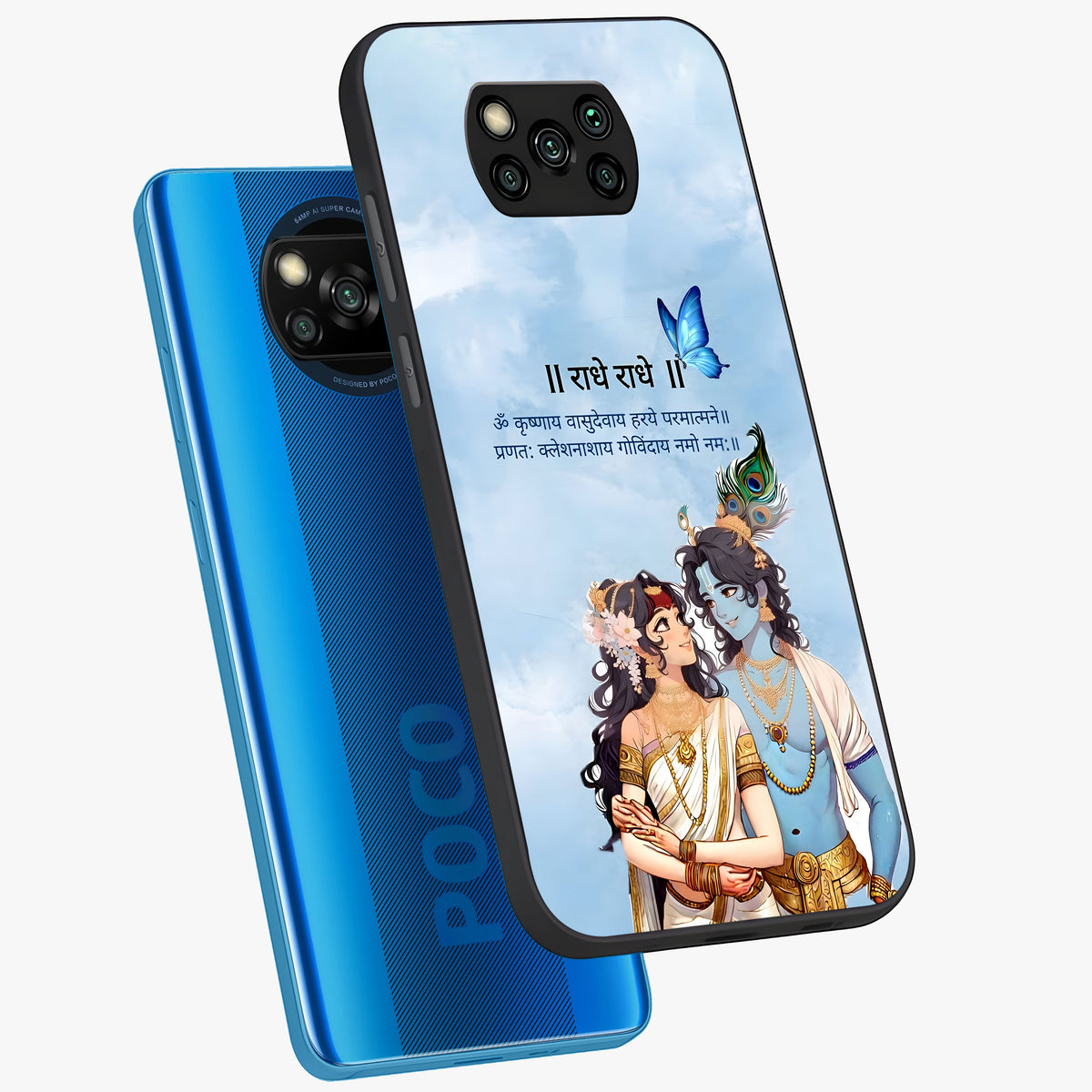 Radha Krishna Eternal Glass Case displayed in angled mockup highlighting divine Radha Krishna illustration with spiritual aesthetic.