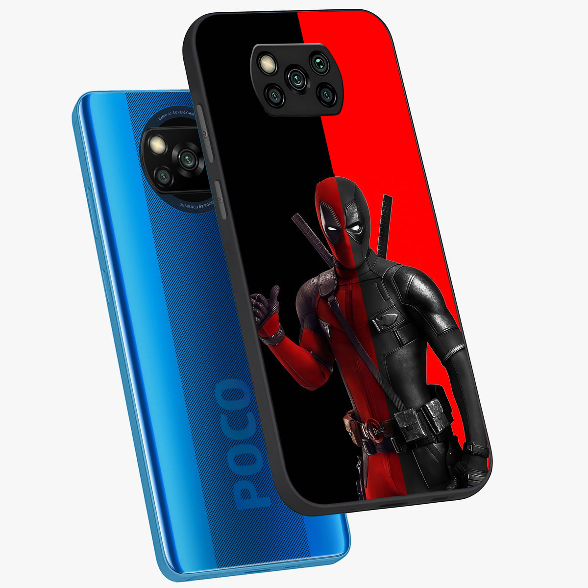 Red & Black Deadpool Theme Glass Case displayed in angled mockup highlighting vibrant superhero style illustration with action aesthetic.