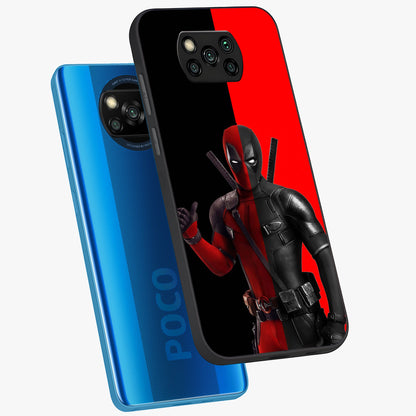Red & Black Deadpool Theme Glass Case displayed in angled mockup highlighting vibrant superhero style illustration with action aesthetic.