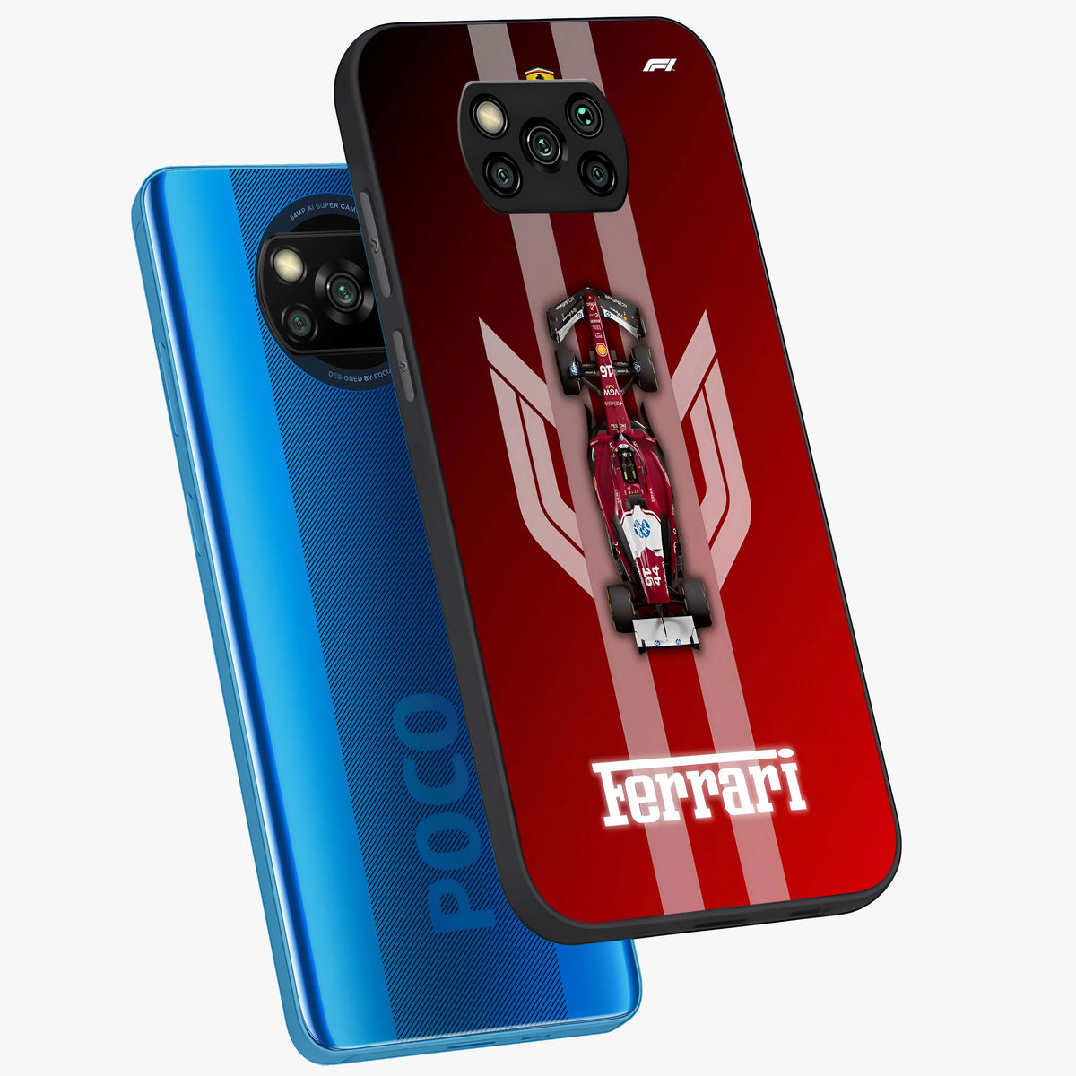 Red Ferrari F1 Vertical Glass Case displayed in angled mockup highlighting high speed racing design with bold automotive aesthetic.