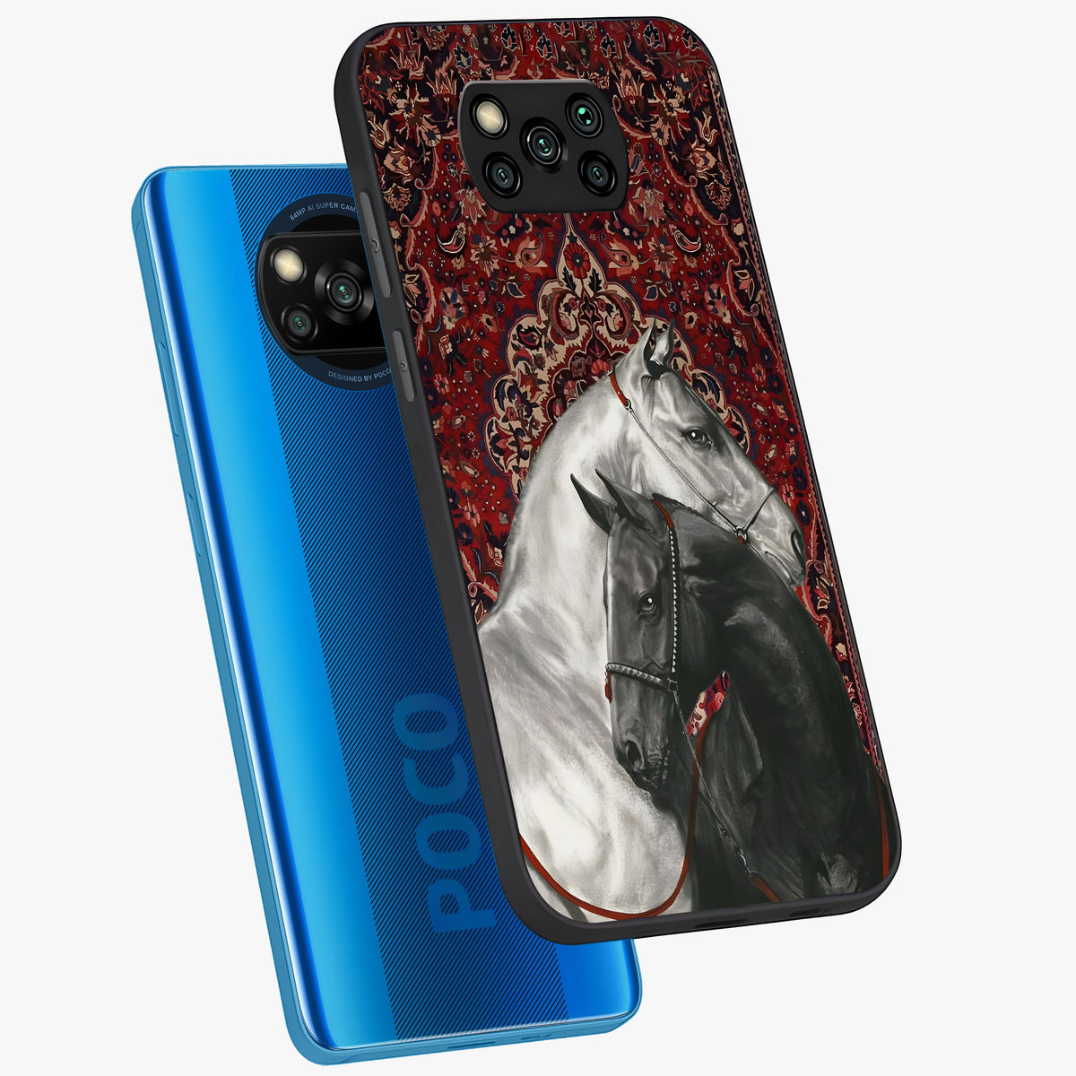 Regal Stallion Tapestry Glass Case displayed in angled mockup highlighting royal stallion design with decorative heritage aesthetic.