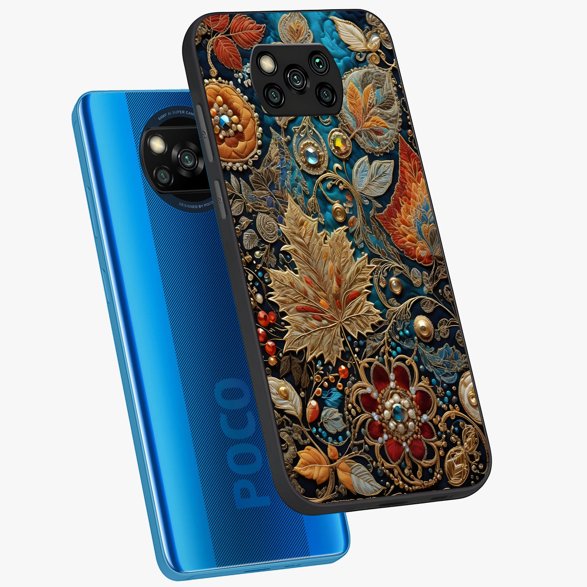 Royal Jewel Garden Glass Case displayed in angled mockup highlighting vibrant jewel inspired floral design with elegant aesthetic.