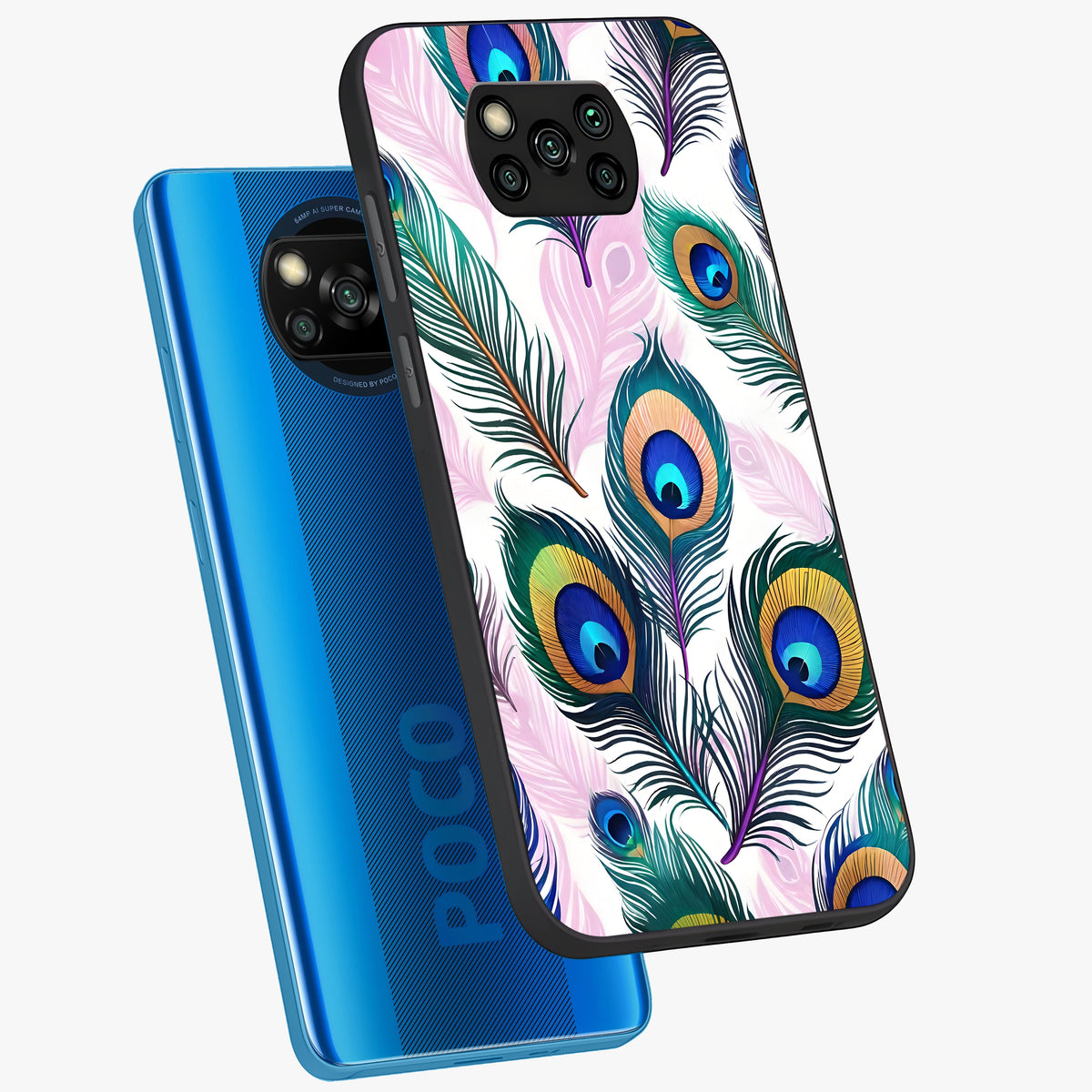 Royal Peacock Feathers Glass Case displayed in angled mockup highlighting vibrant feather pattern with regal aesthetic style.