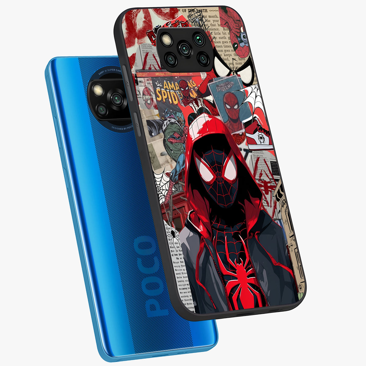 Spider Collage Street Glass Case displayed in angled mockup highlighting dynamic street style collage design with comic aesthetic.