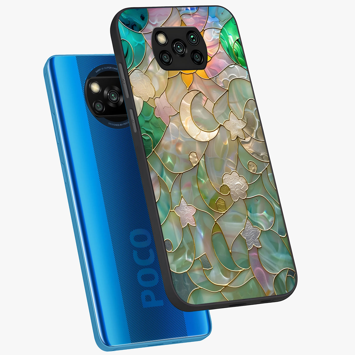 Stained Sunrise Glow Glass Case displayed in angled mockup highlighting radiant sunrise design with artistic aesthetic style.