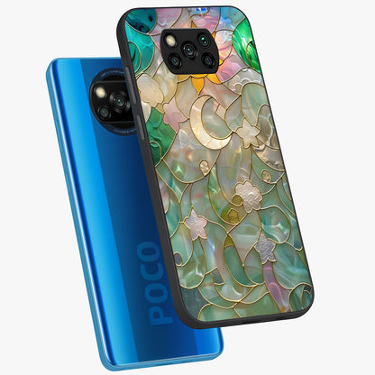 Stained Sunrise Glow Glass Case displayed in angled mockup highlighting radiant sunrise design with artistic aesthetic style.