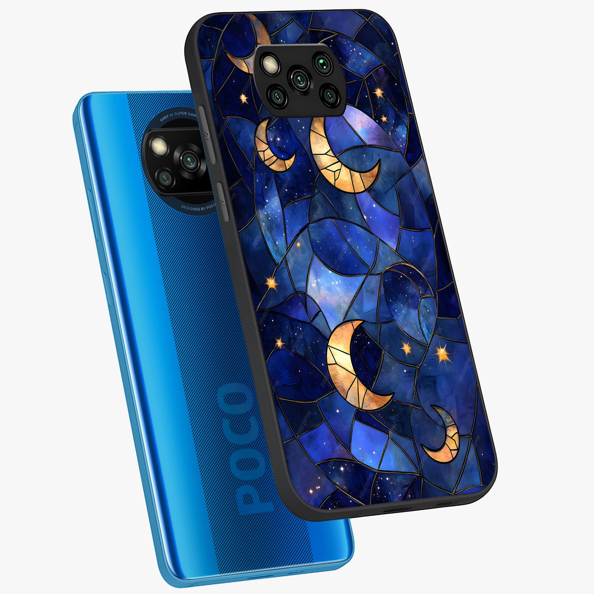 Starlit Sky Tapestry Glass Case displayed in angled mockup highlighting celestial night pattern with artistic aesthetic style.