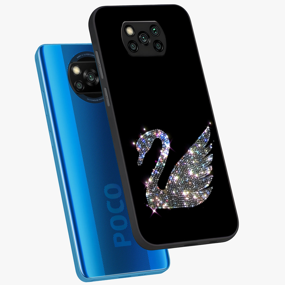 Starlit Swan Grace Glass Case displayed in angled mockup highlighting elegant swan illustration with dreamy celestial aesthetic.