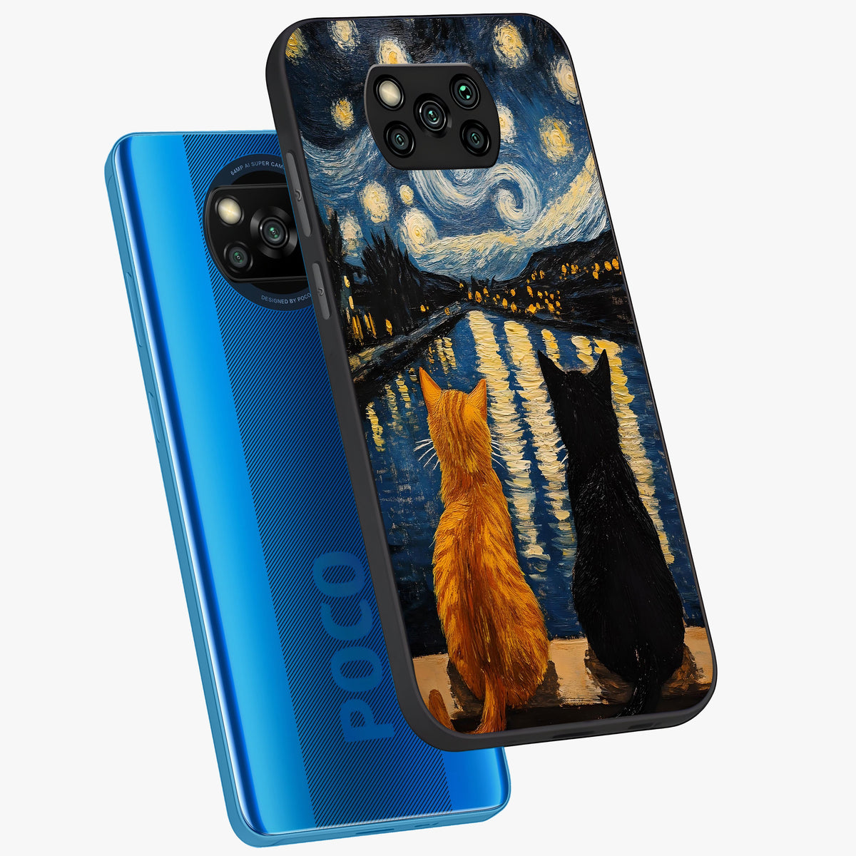 Starry River Cats Glass Case displayed in angled mockup highlighting charming feline illustration with dreamy night aesthetic.