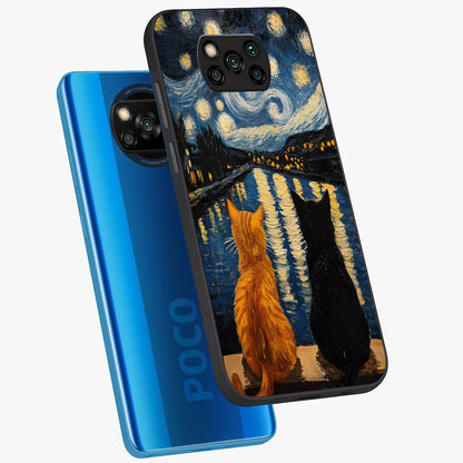 Starry River Cats Glass Case displayed in angled mockup highlighting charming feline illustration with dreamy night aesthetic.