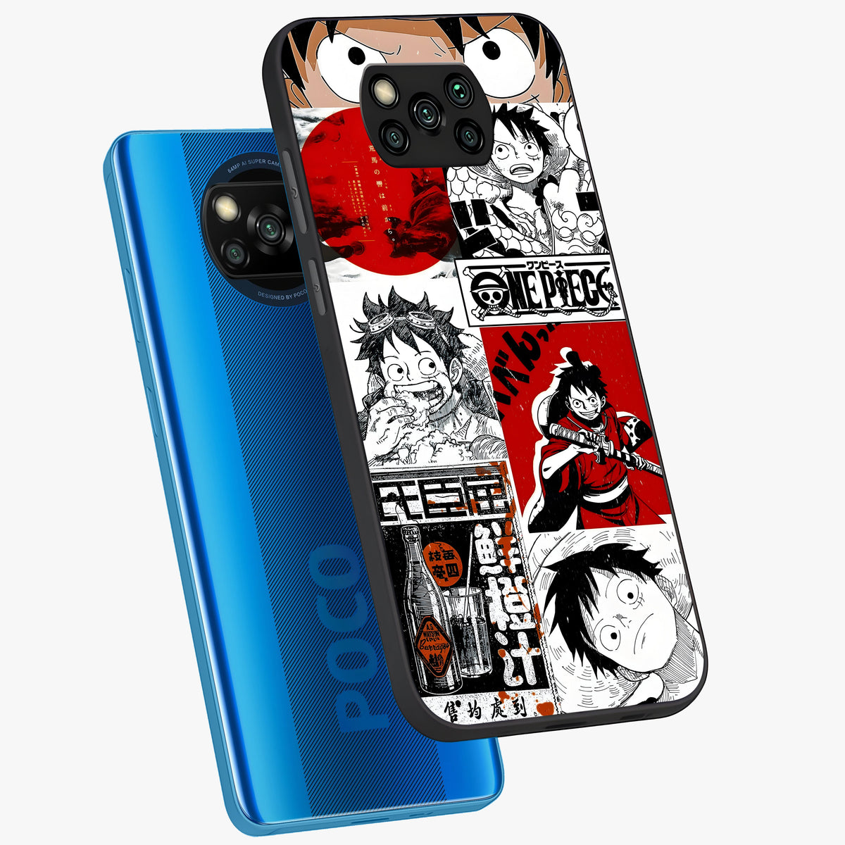 Strawhat Chaos Panels Glass Case displayed in angled mockup highlighting vibrant anime collage design with action aesthetic.