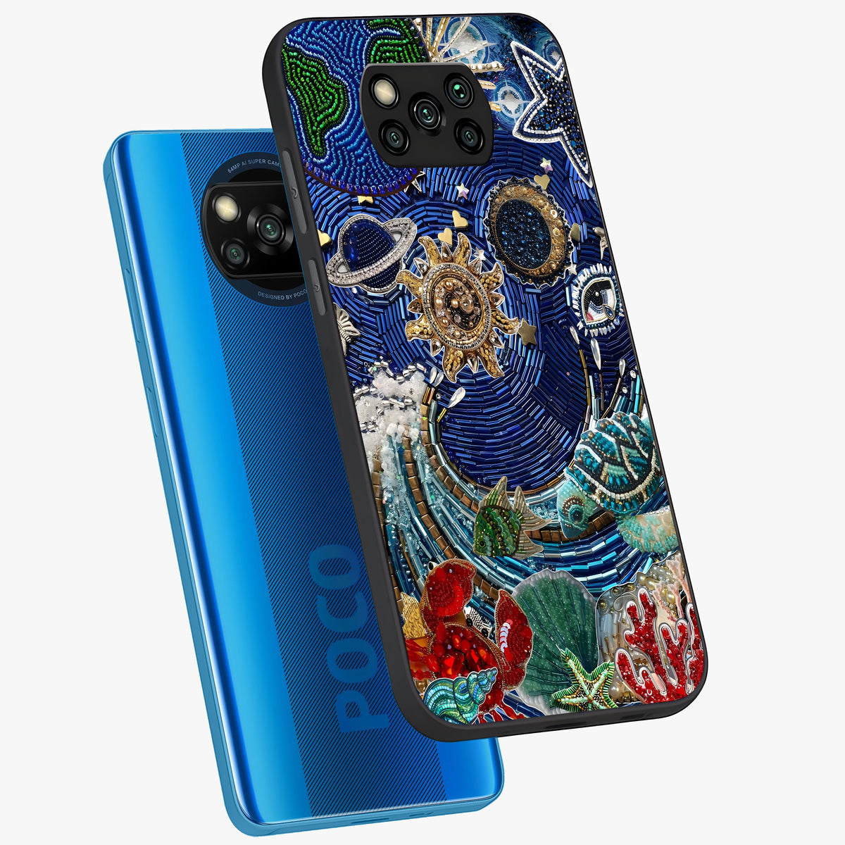 Universe Underwater Spark Glass Case displayed in angled mockup highlighting glowing aquatic design with celestial aesthetic.