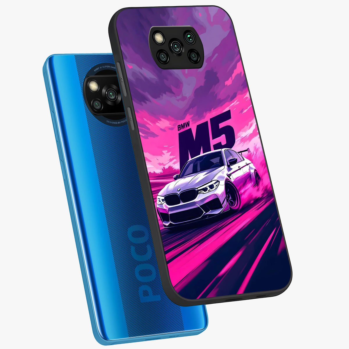 Velocity Drift Pulse Glass Case displayed in angled mockup highlighting dynamic drift design with sporty automotive aesthetic.