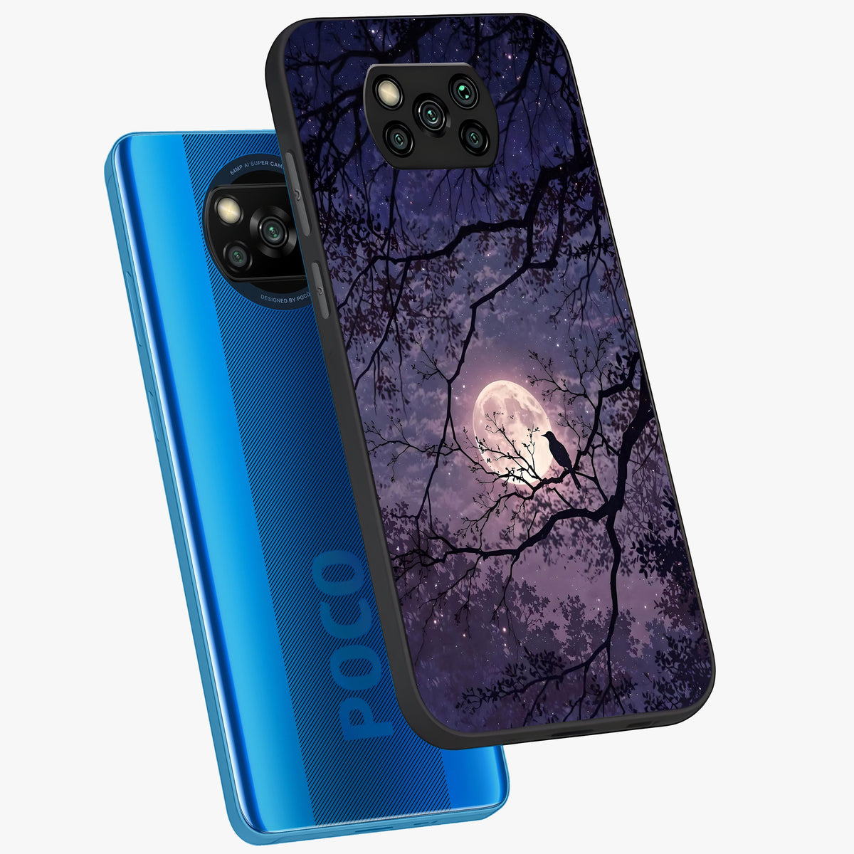 Whispering Moon Silence Glass Case displayed in angled mockup highlighting calm lunar design with dreamy night aesthetic.