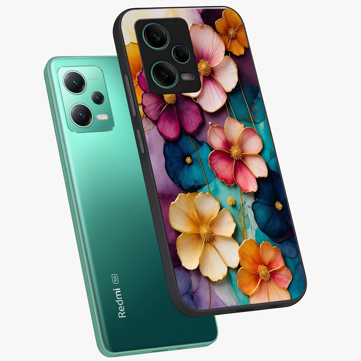 Artlyn Grace Flower Pattern Glass Case showing flat back view with elegant floral pattern artwork and glossy glass finish.