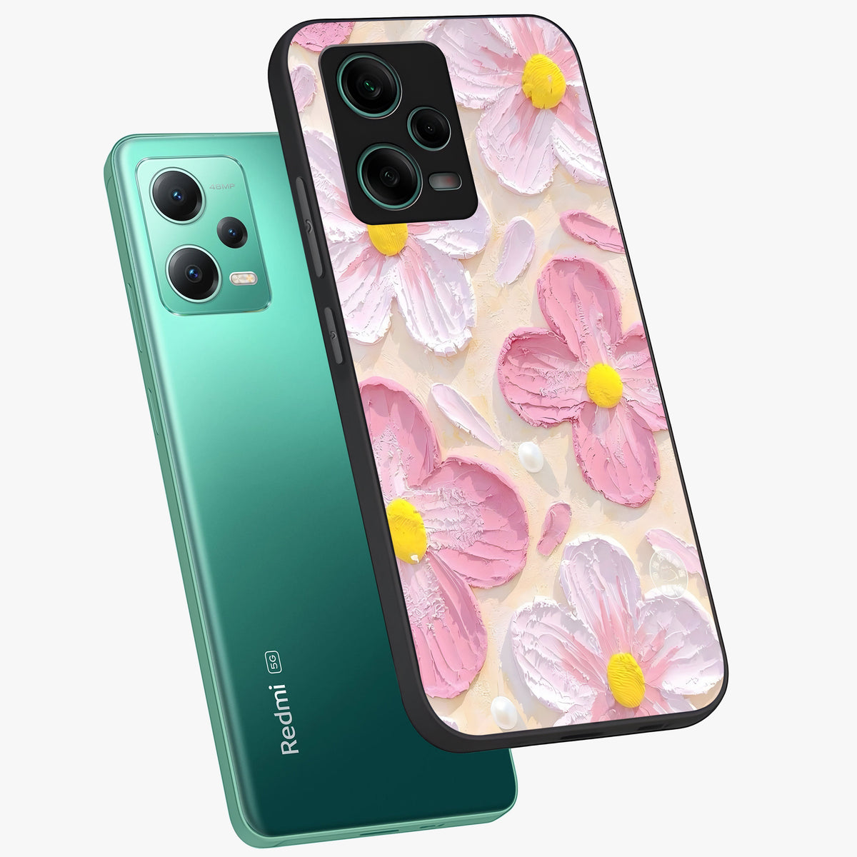 Blush Bloom Texture Glass Case showing flat back view with soft blush floral texture artwork and glossy glass finish.