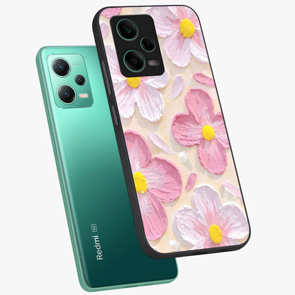 Blush Bloom Texture Glass Case showing flat back view with soft blush floral texture artwork and glossy glass finish.