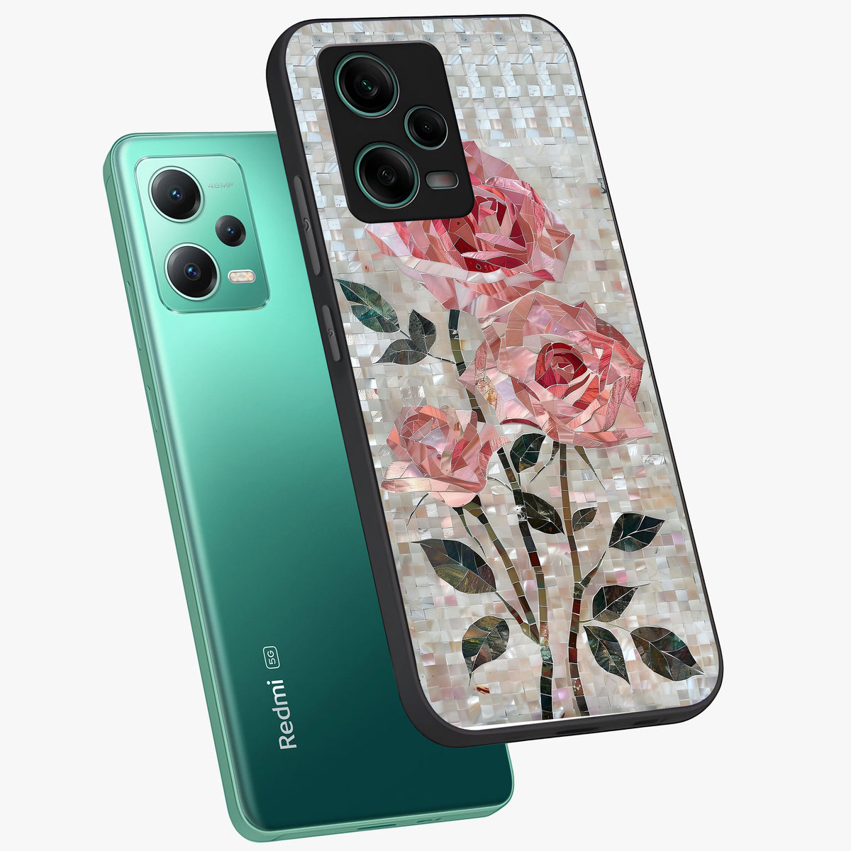 Blush Mosaic Bloom Glass Case showing flat back view with mosaic floral bloom artwork and glossy glass finish.
