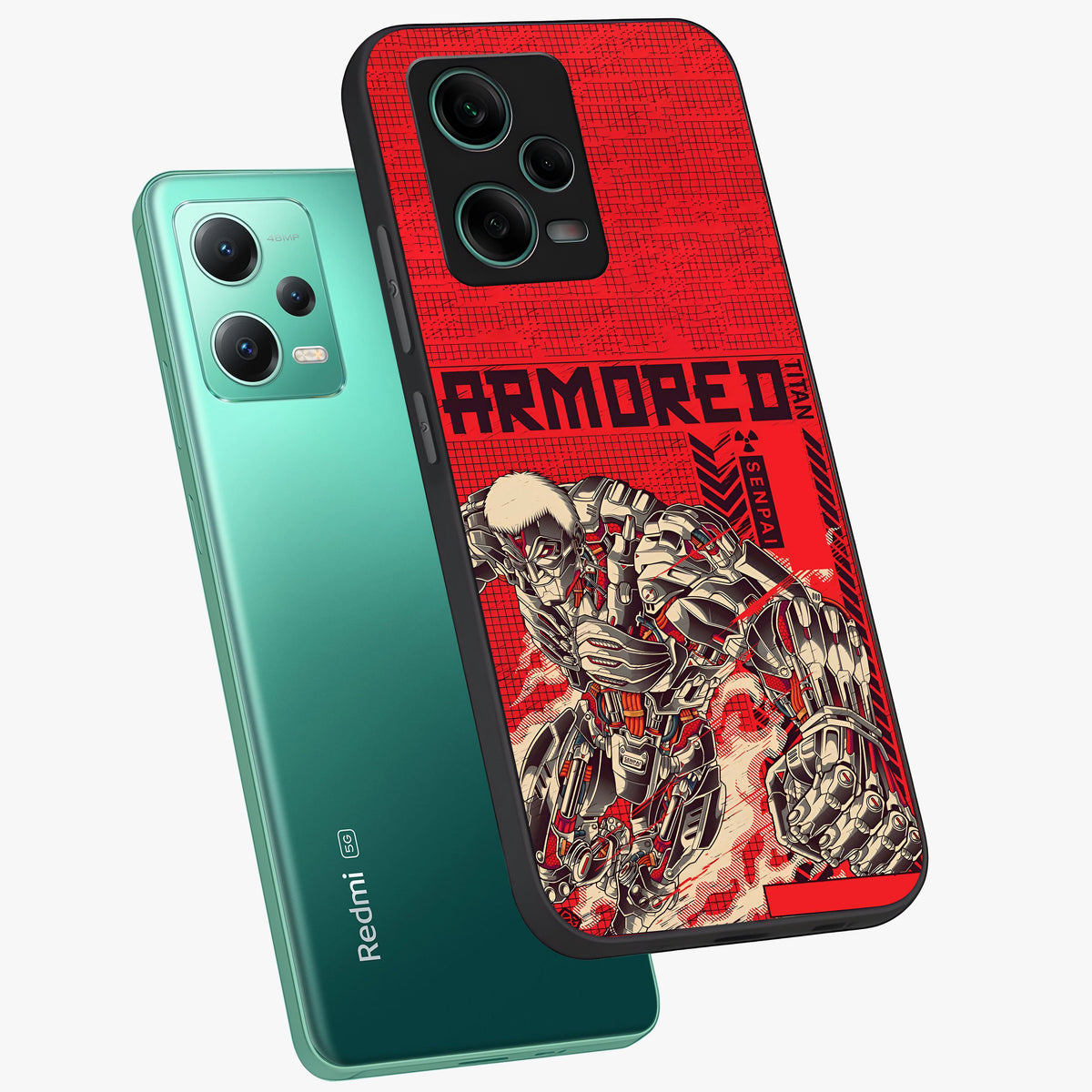 Crimson Mecha Titan Glass Case showing flat back view with powerful mech titan artwork and glossy glass finish.