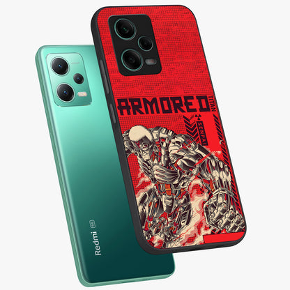 Crimson Mecha Titan Glass Case showing flat back view with powerful mech titan artwork and glossy glass finish.