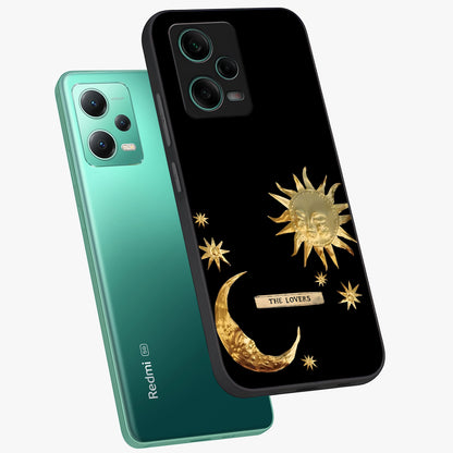 Golden Celestial Charm Glass Case showing flat back view with golden celestial charm artwork and glossy glass finish.