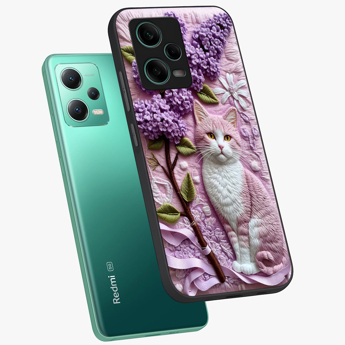 Lavender Cat Whimsy Glass Case showing flat back view with cute lavender cat artwork and glossy glass finish.