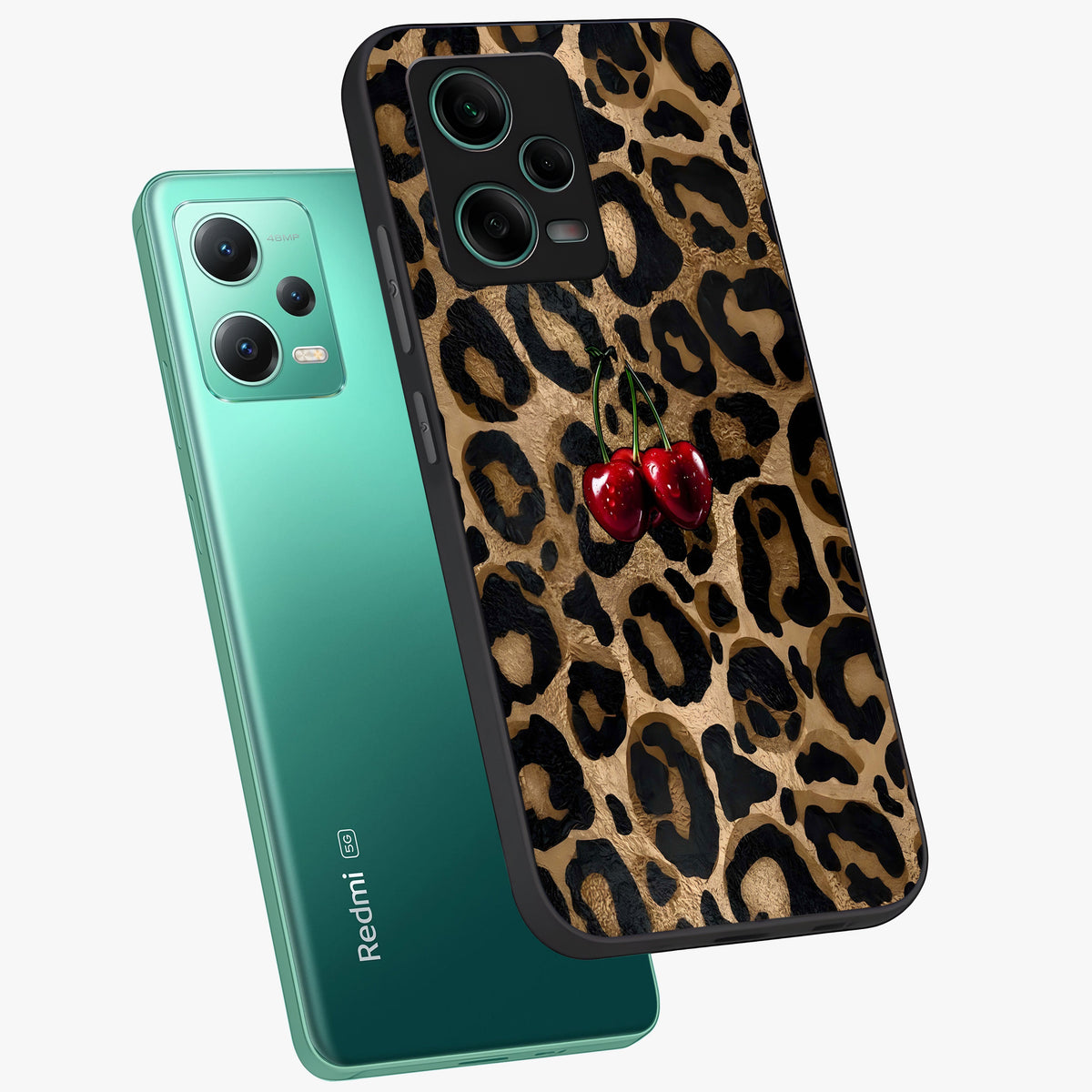 Leopard Wild Cherry Glass Case showing flat back view with leopard pattern and cherry artwork and glossy glass finish.