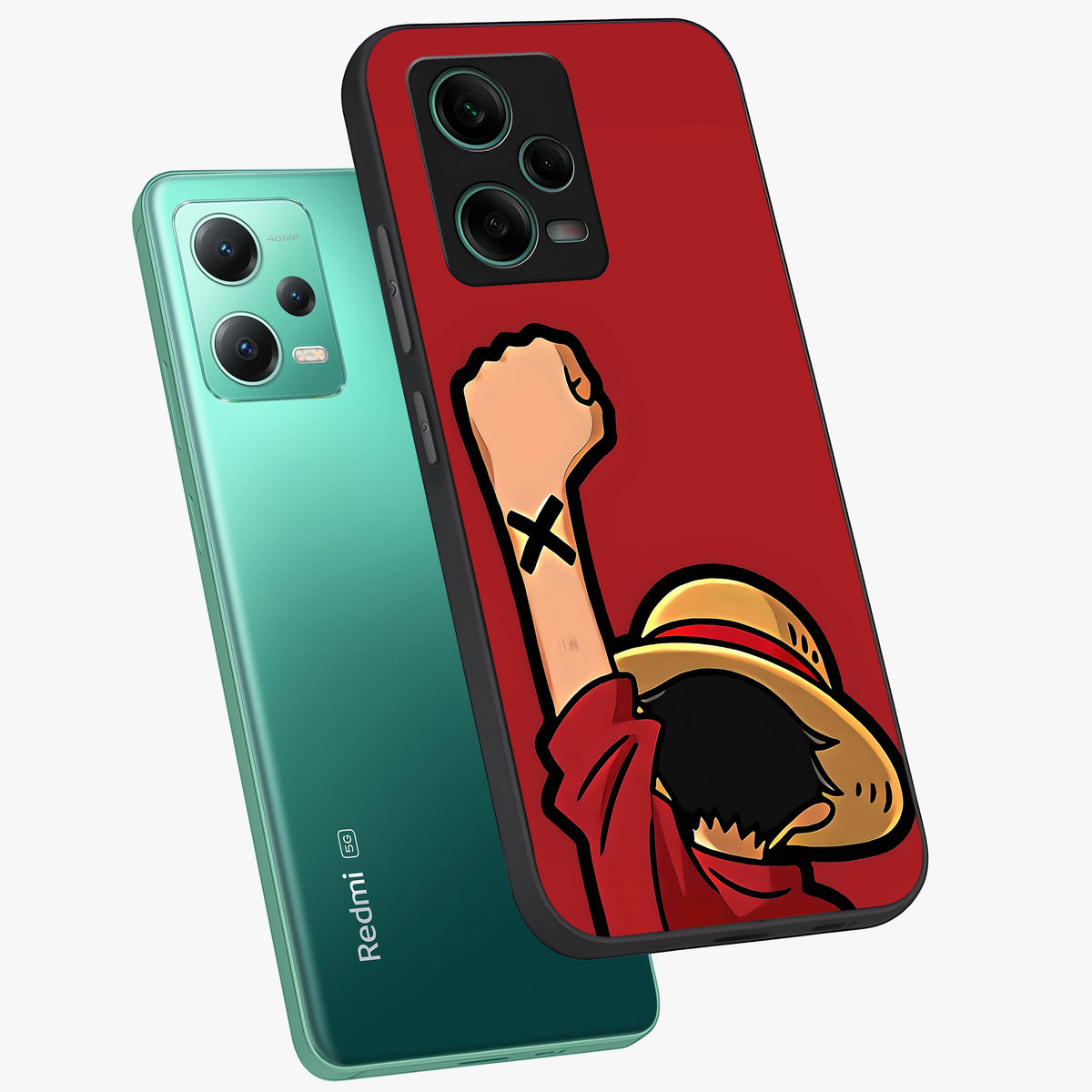 Luffy X Spirit Glass Case showing flat back view with bold anime character artwork and glossy glass finish.