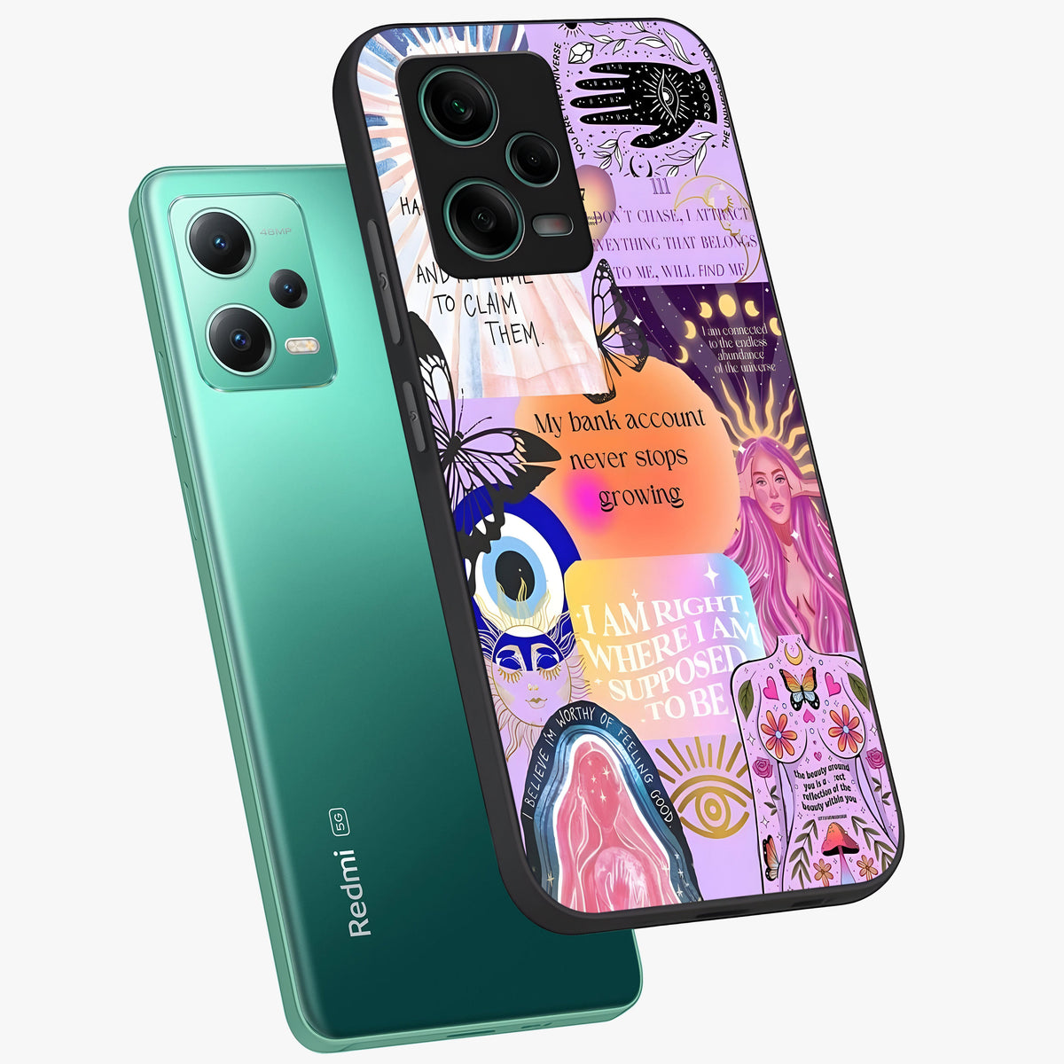 Manifestation Collage Glass Case showing flat back view with motivational collage artwork and glossy glass finish.
