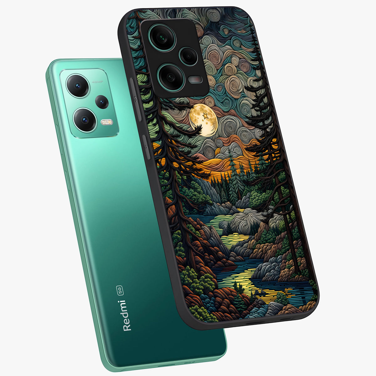 Moonlight Forest Dream Glass Case showing flat back view with mystical forest moonlight artwork and glossy glass finish.