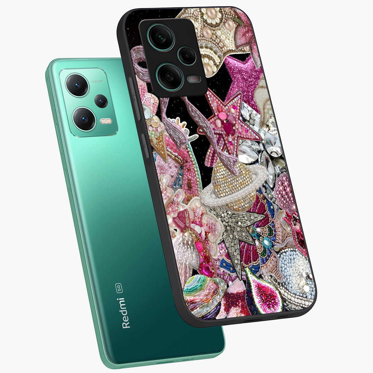 Starlit Jewel Dream Glass Case showing flat back view with sparkling jewel and star themed artwork and glossy glass finish.