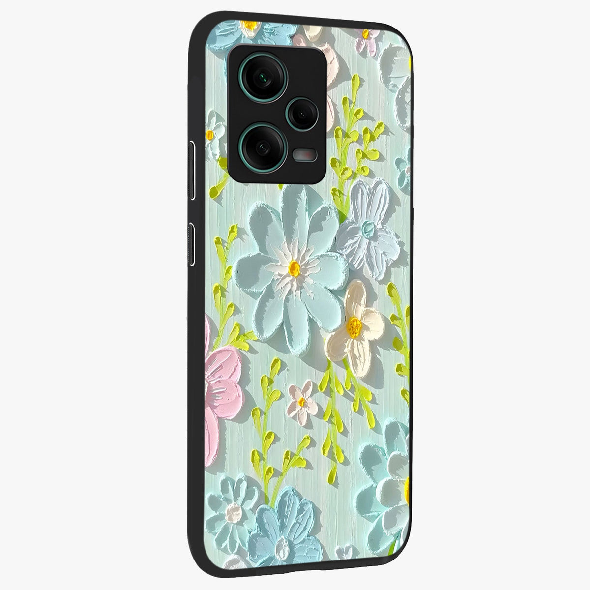 Frosted Petal Garden Glass Case displayed in angled mockup highlighting delicate flower petal design with calm garden aesthetic.